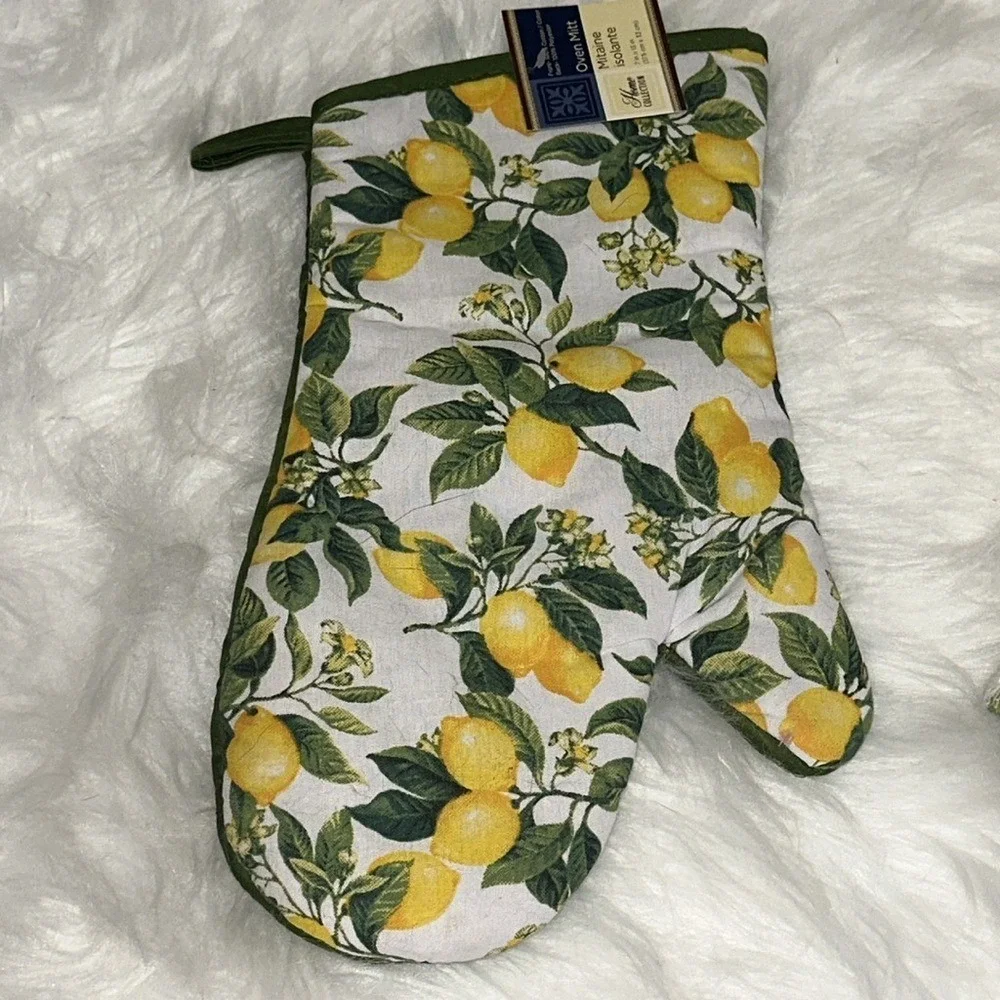 Home Collection 4pc Lemon Kitchen Set Oven Mitt Pot Holders Towel Yellow Green